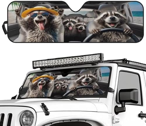 Renewold Automotive Windshield Sunshade Car Front Window Sun Shade for Jeep Wrangler JK JKU JL JLU 1997-2023 2&4 Door Gladiator JT 2020-2023 Funny Raccoon Driving Auto Sun Visor Shield Car Interior