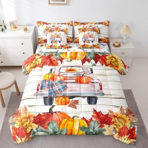 Farm Truck Car Twin Bed in a Bag Thanksgiving Pumpkin Fall Leaves Comforter Set with Sheets 7-Pieces All Season Autumn Harvest Farmhouse Bedding Sets with Flat Sheet,Fitted Sheet and Pillowcase by Erosebridal