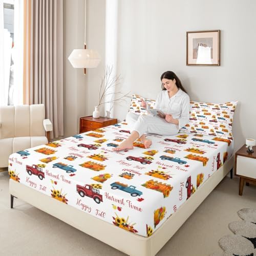 Happy Fall Bedding Set For Kids Queen Plaid Pumpkin Truck Bed Sheets Thanksgiving Harvest Season Sheet Set Autumn Sunflower Harvest Time Fitted Sheet Red Blue Orange Flat Sheet + 2 Pillow Cases - Image 7