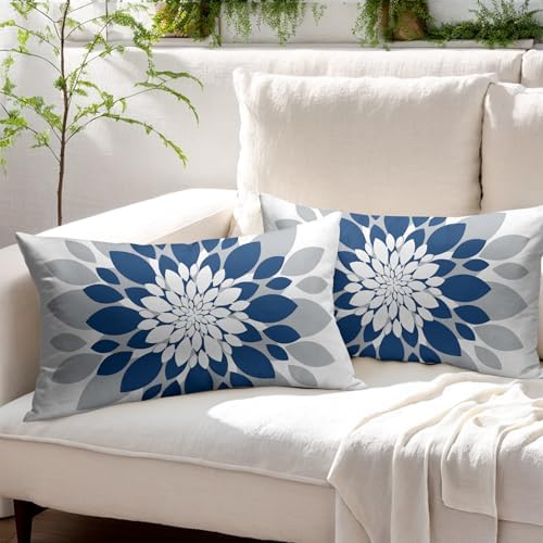 Blue Grey Dahlia Pillow Covers 12x20 Set of 2 Navy Blue Floral Throw Pillow Covers Natural Pillowcase Linen Decoration Farmhouse Soft Decorative Flower Cushion Case Couch for Indoor Outdoor Home Decor - Image 3