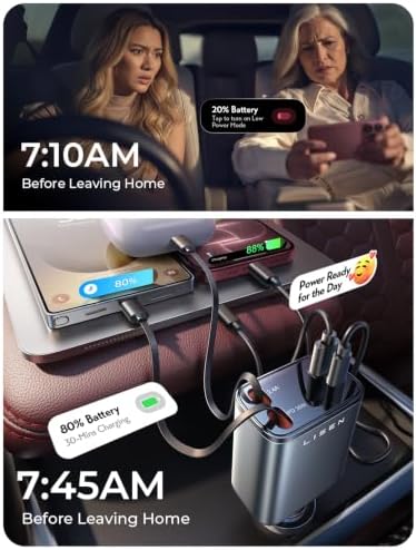 LISEN Retractable Car Charger, 84W Car Charger USB C Fast Charge, 4 in 1