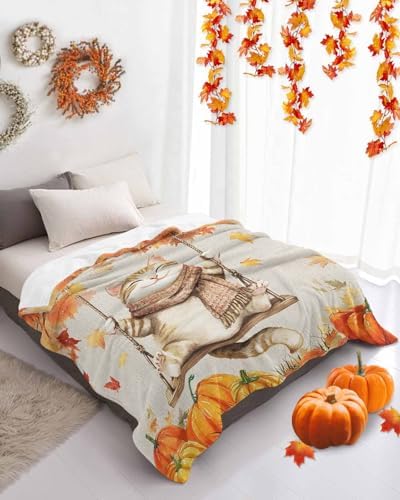 DecorLovee Fall Cat Blanket 30"x40", Reversible Thanksgiving Cute Throw Blanket for Couch/Bed, Orange Maple Leaf Pumpkins Lightweight Soft Throw Blankets for Kids, Warm Fuzzy Blankets for Winter - Image 4