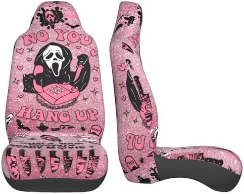 Halloween Ghost 2 Front Car Seat Covers for Car Truck Sedan SUV, Car Gifts, Durable Automotive Seat Covers, Breathable Bucket Seat Covers, Protective Interior Accessory (Pink Ghostface)