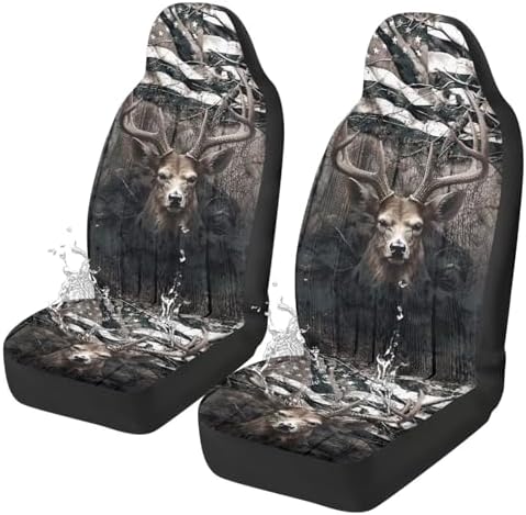 Car Seat Covers 2 Pcs, Waterproof Universal Camo American Flag Deer Hunter Front Seat Protector, Easy Installation Car Interior Accessories Universal for Cars Truck SUV Van