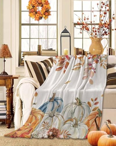 DecorLovee Orange Blue Thanksgiving Fall Blanket 40"x60", Reversible Pumpkins Throw Blanket for Couch/Bed, Autumn Botanical Lightweight Soft Throw Blanket for Boys, Warm Fuzzy Blankets for Winter - Image 2