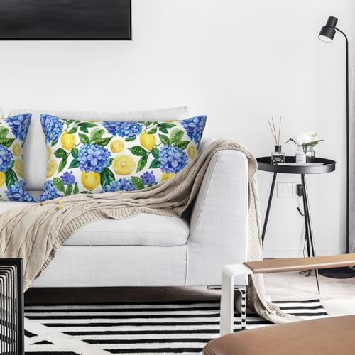 KiuLoam Summer Lemon Hydrangea Lumbar Pillow Covers 12x20 Set of 2 Blue Yellow Floral Decorative Throw Pillow Covers Outdoor Farmhouse Cushion Cases for Sofa Couch Bed Living Room Decor - Image 2