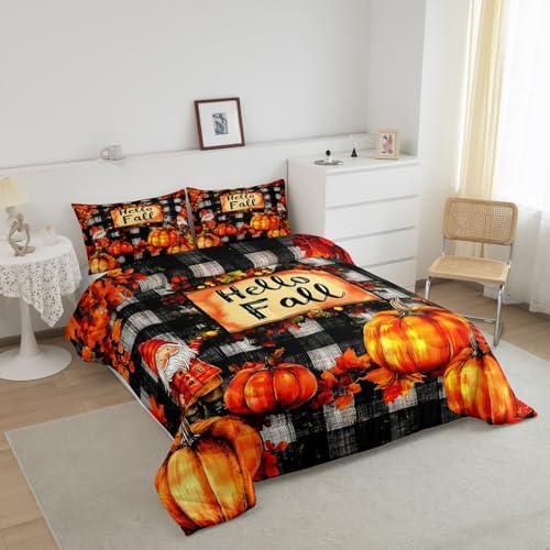 Erosebridal Gnome Comforter Set Full Size Fall Pumpkin Bedding Set Thanksgiving Sunflower Fruits Autumn Harvest Down Comforter for Boys Child Teens Maple Leaves Duvet Insert Room Decor 3 Pieces - Image 6