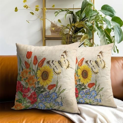 Sweetshow Spring Summer Colorful Floral Throw Pillow Covers 16X16 Inches Set of 2 Butterfly Flower Chinoiserie Pillowcase Soft Cotton Square Seasonal Cushion Covers for Living Room Sofa Bedroom Decor - Image 7