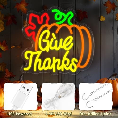 Pumpkin Give Thanks Neon Sign Neon Light Thanksgiving Decorations Give Thanks Neon Sign Window Lights Fall Decor LED USB Pumpkin Lights for Bar Table Living Room Wall Kitchen Mantel - Image 2