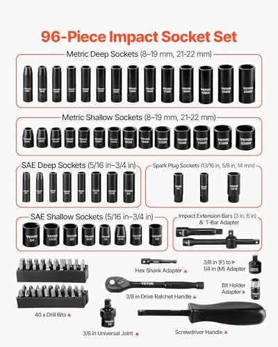 VEVOR 96 Piece 3/8" Drive Impact Socket Wrench and Bit Set, SAE (5/16" to 3/4") & Metric (8 to 22 mm), CR-V, Deep & Shallow, 6 Point, Ratchet, Universal Joint, Bit Holder, Adapters, Spark Plug Socket - Image 3