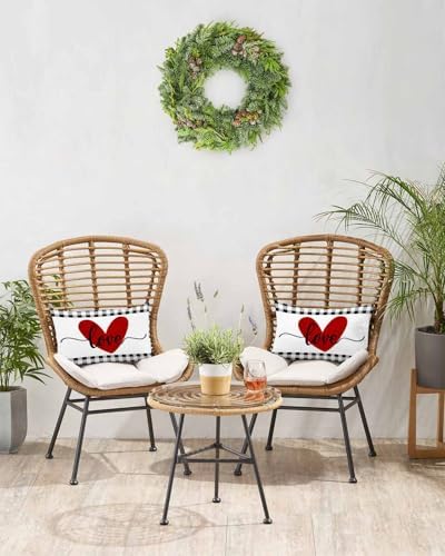 Red Valentine's Day Love Heart Pillow Covers 12x20 Inch Set of 2, Buffalo Plaid Decorations Outdoor Throw Pillow Covers, Holiday Linen Square Pillowcases for Sofa Couch Bedroom Patio Decorative - Image 4