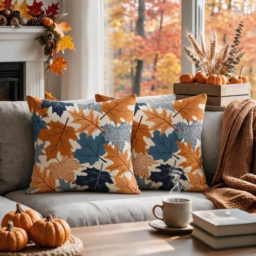 Fall Pillow Covers 20x20 Set of 2 Burnt Orange Blue Maple Leaf - Image 2