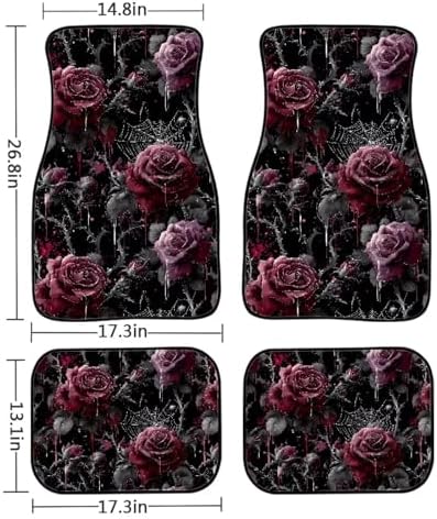 Rose Non-Slip Car Mats Set, Bloody Rose Spiderweb Vehicle Floor Mats for Cars Carpet Car Accessories, Gothic Garden Front & 2nd Row Floor Mats for Driver Seat