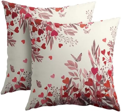 Valentines Day Pillow Covers 18x18 Set of 2 Red Heart Throw Pillow Covers Pink Butterfly Love Pillowcase Linen Decoration Farmhouse Holiday Cozy Soft Cushion Case Couch for Indoor Outdoor Home Decor by Unknown
