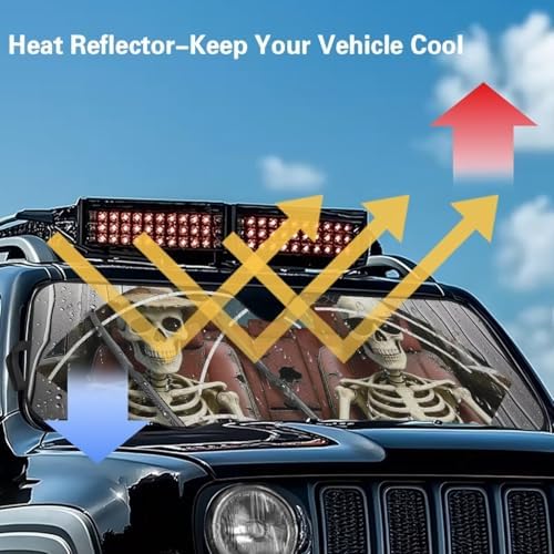 Renewold Funny Skull Driving Automotive Windshield Sun Shade Auto Sunshade Car Front Window Sun Visor Blocker Shield Fit for Jeep Wrangler JK JKU JL JLU 1997-2023 Gladiator JT Interior Car Accessories