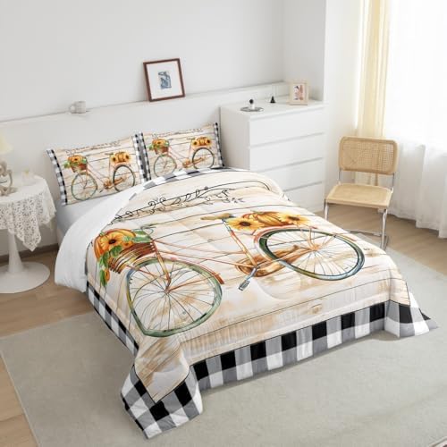 Homewish Autumn Pumpkin Bedding Set Full Size,Halloween Geometric Plaid Comforter Set for Kids Girls Boys Room Decor,Rustic Farmhouse Plaid Quilt Set Vintage Bike Bedspread 3pcs with 2 Pillowcases - Image 6