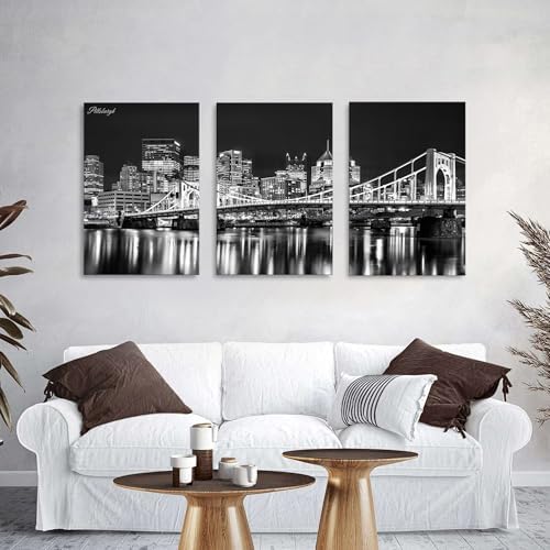 Black and White Pittsburgh Skyline Wall Art for Living Room USA Pennsylvania Cityscape Picture Wall Decor Night View Downtown City Building Skyscraper Panoramic Artwork Bedroom Decoration 24x36" 3P - Image 2