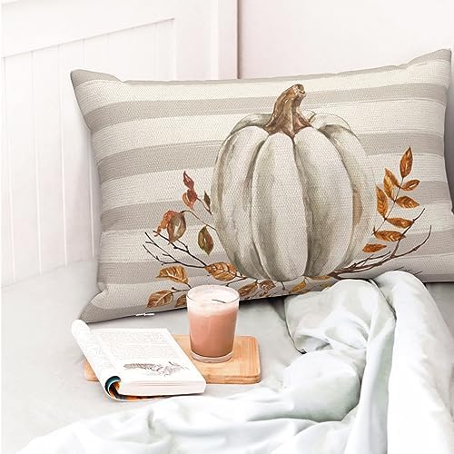 Fall Pillow Covers 12x20 Set of 2 Pumpkin Leaf Branch and Stripes Fall Decor Pillowcase Linen Autumn Thanksgiving Decorative Outdoor Throw Pillow Covers Farmhouse Cushion Case for Couch Home - Image 2