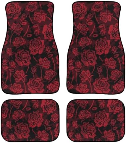 Red Rose Car Floor Mats for Women, Automotive Floor Mats Universal Car Carpet Mat Set 4 Piece Non Slip Foot Pads for Cars Red Cars Interior Accessories Universal Fit