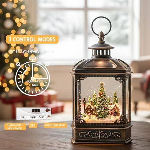 Christmas Snow Globe Lantern Water Glittering Xmas Village with Music & Timer, USB Lined/Battery Operated Lighted Lantern for Christmas Festival Decoration Gifts - Image 6