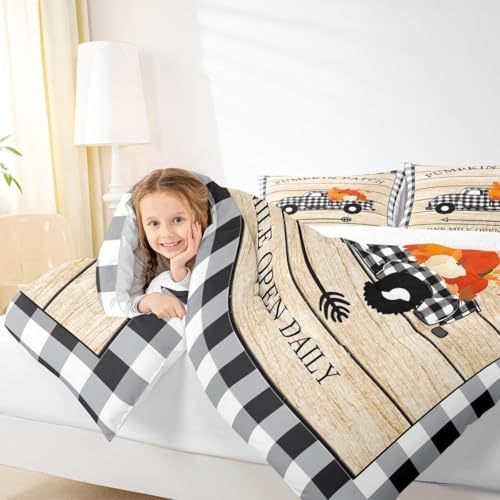 Homewish Rustic Farmhouse Truck Comforter Set Full Size,Black White Geometric Grid Bedding Kids Teens Adults Decor,Fall Pumpkin Themed Quilt Halloween Style Bedspread 3pcs with 2 Pillowcases - Image 3