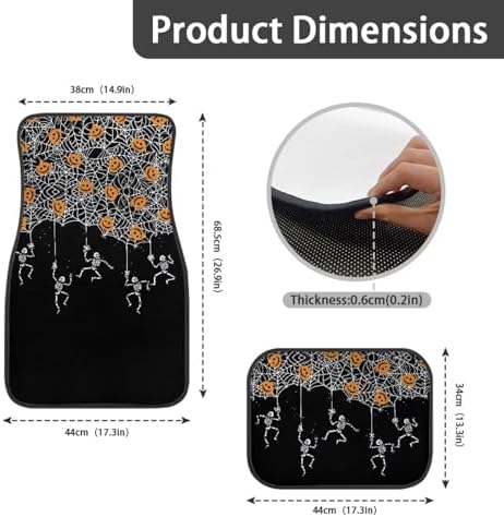 White Spider Web Skeleton Black Print Funny Halloween Car Floor Mats 4 PCS, Cute Durable Interior Accessories for Car SUV, All Weather Floor Mats with Front Rear Trunk Liners Set for Party