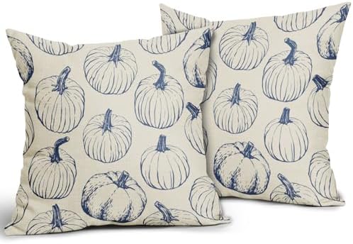 Blue Pumpkin Fall Pillow Covers 20x20 Set of 2 Autumn Themed Thanksgiving Harvest Print Decorative Throw Pillows Outdoor Farmhouse Pillowcases Cushion Case Seasonal Decor for Couch Sofa Bed - Image 2