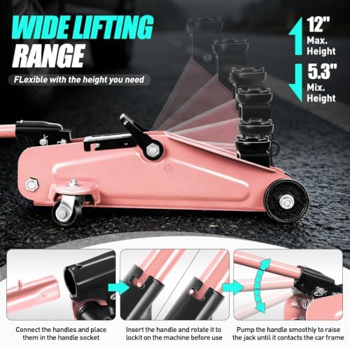 DNA Motoring 1.5 Ton Car Floor Jack Low Profile Hydraulic Trolley Service/Floor Jack, 1.5T / 3000 lbs Capacity, Lifting Range 5.3 Inch -12 Inch, with Storage Case, Pink, TOOLS-00327-PK - Image 3