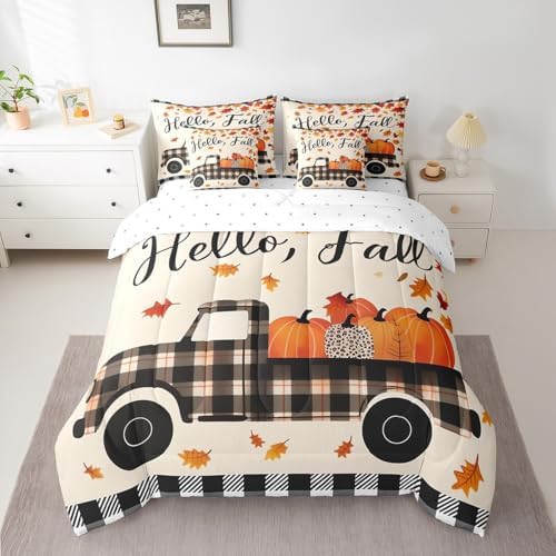 Erosebridal 7 Piece Happy Fall Y'all Bedding Set Farmhouse Pumpkin Truck Full Comforter Set with Sheets Thanksgiving Harvest Bed in A Bag for Kids Black White Buffalo Plaid Bed Set Autumn Decor - Image 2