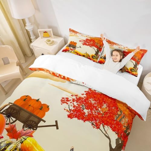 Fall Kids Duvet Cover Set Full Size,Autumn Pumpkin Maple Leaf Bedding Set,Girls Boys Adults Room/Cabin Decor,Fall Harvest Thanksgiving Day Comforter Cover,Rustic Farmhouse Quilt Cover,2 Pillowcases - Image 3