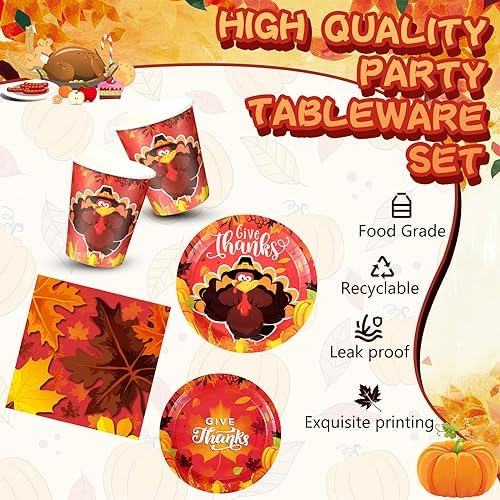Sliner 180 Pcs Thanksgiving Disposable Dinnerware Set, Bright Turkey - Image 3
