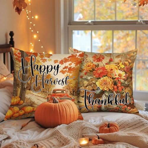 Benjia Fall 18x18 Throw Pillow Covers Set of 4, Watercolor Pumpkin hut car Decorative Holiday Pillow Case 18 x 18 Autumn Cushion Covers Thanksgiving Pillowcase for Indoor Home Bedroom Sofa Decor - Image 3