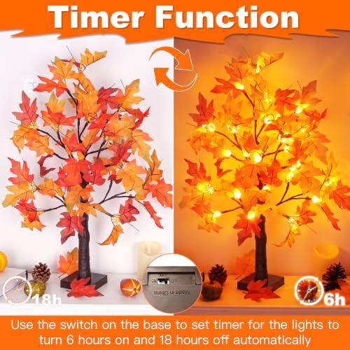 2 Pack 24 Inch Artificial Lighted Maple Tree with 48 LEDs Timer Fall Thanksgiving Decorations Battery Operated Prelit Acorn Maple Tree Lights for Thanksgiving Table Decor Home Indoor Autumn Harvest - Image 4