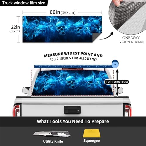 Country Skull Truck Rear Window Graphic Decals, Mystery Abstract Horror Skeleton Blue Flame Pickup Car Window Stickers Truck Back Window Film Decal for Trucks SUV 66 x 22 inch