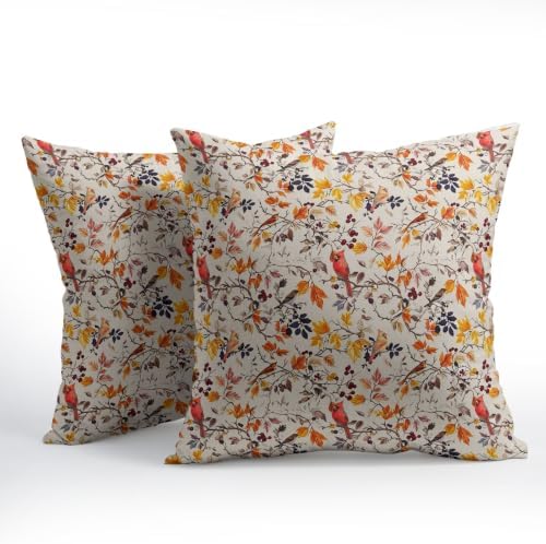 Fall Plant Pillow Covers 20x20 Set of 2 Autumn Red Cardinal Bird Maple Leaves Outdoor Throw Pillows Covers Vintage Rustic Farmhouse Decorative Farmhouse Cushion Case for Living Room Couch Sofa - Image 2