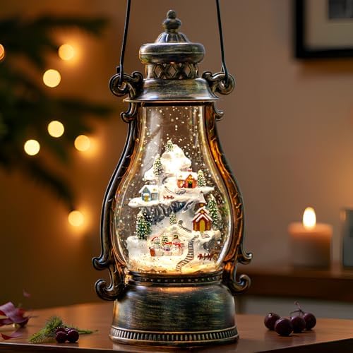 14.2" Christmas Village Buildings Tall Snow Globe Lantern Water Glittering Snowman Family with Music & Timer, USB Lined/Battery Operated Lighted Lantern for Christmas Festival Decoration Gifts by Qualdout
