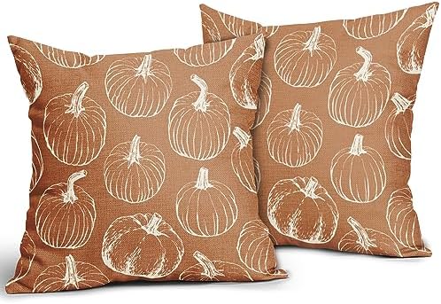Fall Pumpkin Pillow Covers 18x18 Set of 2 Autumn Themed Thanksgiving Harvest Burnt Orange Print Decorative Throw Pillows Outdoor PillowCase Farmhouse Linen Cushion Case Decor for Home Sofa Couch Bed - Image 2