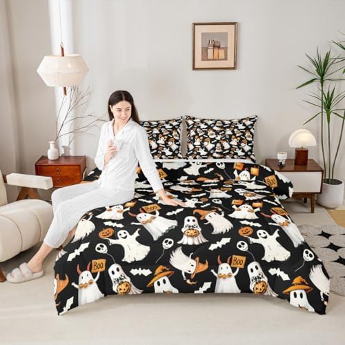 Homewish Happy Halloween Comforter Set Spooky Witch Hat Ghost Comforter Full Size Gothic Pumpkin Bats Bedding Set for Kids Adult Bedroom Decor Fashion Black Quilt Duvet,3 Pcs with 2 Pillowcase - Image 2