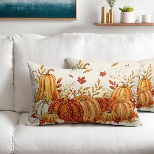 Fall Pumpkin Pillow Covers 12x20 Set of 2 Vintage Burnt Orange Maple Leaves Outdoor Throw Pillows Covers Autumn Thanksgiving Cream Farmhouse Decorative Farmhouse Cushion Case for Room Couch Sofa - Image 2