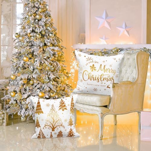 Lanpn White and Gold Bronzing Christmas Throw Pillow Covers 16x16 Set of 4, 16 inch Decorative Xmas Cushion Covers Pillow Cases 16 x 16 for Home Bedroom Room Holiday Couch Decor Decorations - Image 3