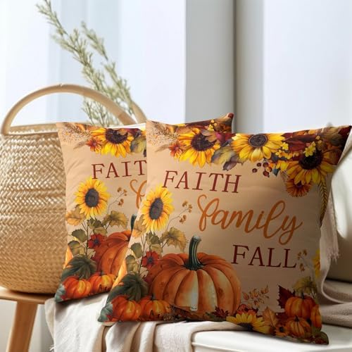 Sweetshow Faith Family Fall Pumpkin Pillow Covers 22x22 Inches Autumn Sunflowers Throw Pillow Case Set of 2 Pillows Cotton Linen Cushion Cover for Home Couch Sofa Livingroom - Image 7