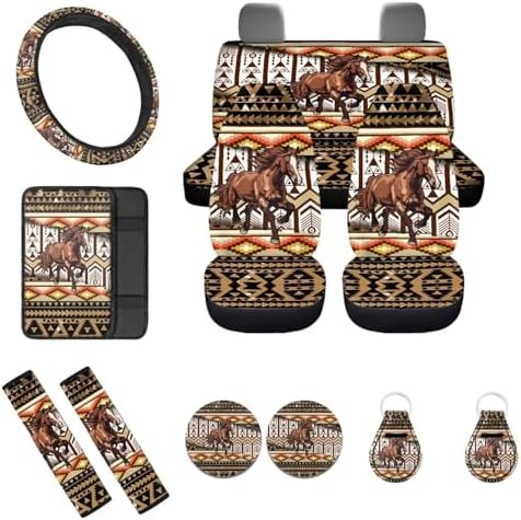 12Pcs Brown Horse Auto Seat Cover Protection Front Rear Seats,Breathable 15 Inch Steering Wheel Covers+Coaster+Keychain+Armrest+Seat Belt Pads,Southwestern Tribal Horse Car Accessory Decor