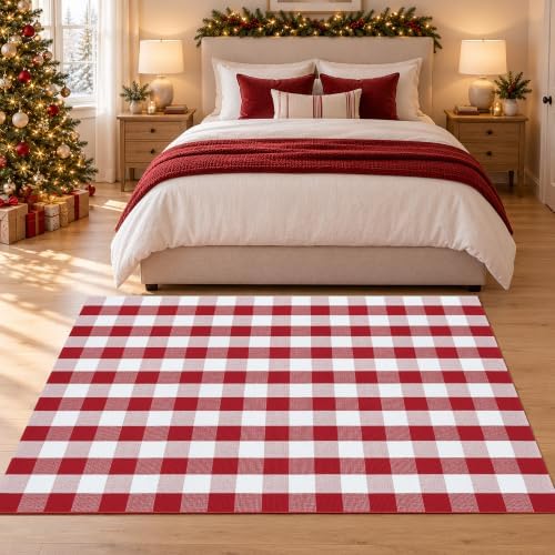 Christmas Red and White Plaid Area Rug 5 x 7 Feet, Cotton Hand-Woven Buffalo Check Rug, Washable Holiday Floor Mat for Living Room, Bedroom and Farmhouse Home Decor - Image 3