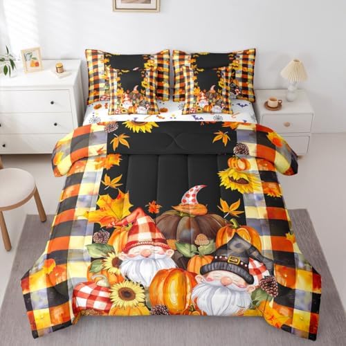 Erosebridal Fall Gnome Full Comforter Set 7 Pieces,Bed in a Bag Full,Autumn Maple Leaves Thanksgiving Pumpkin Bedding Set with Santa Dwarf Fall Decorations for Home Comforter,Flat Sheet,Fitted Sheets by Erosebridal
