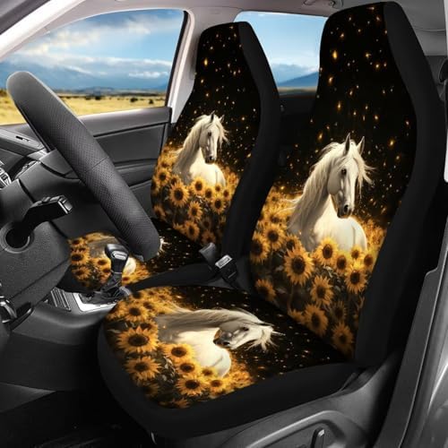 Horse & Sunflower Print Car Seat Covers 4Pcs Front & Rear Breathable Seat Covers Universal Fits for Truck, Sedan, SUV Auto Interior Protector Car Accessories
