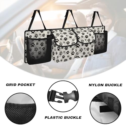 Dog Paw Print Car Trunk Organizer Foldable Auto Backseat Storage Bag with 4 Pockets Universal Hanging Auto Accessories Suitable Most Sedans SUVs Trucks Vans
