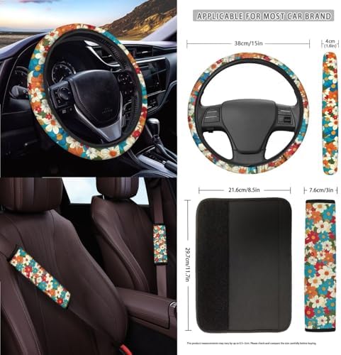 Colorful Hippie Daisy Print 15Pcs Car Seat Cover Full Set Car Steering Wheel Cover Seat Belt Cover Trash Bin Air Vent Storage Box Front Rear View Mirror Car Cup Holder Keychain