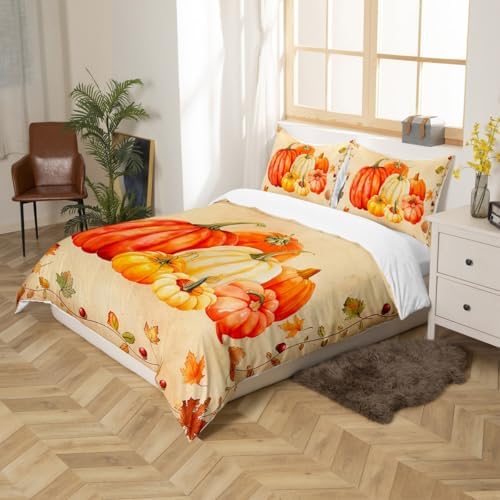 Fall Pumpkin Kids Duvet Cover Set King Size,Autumn Harvest Maple Leaf Bedding Set,Girls Boys Adults Room/Cabin Decor,Thanksgiving Retro Comforter Cover,Rustic Farmhouse Quilt Cover,2 Pillowcases - Image 5