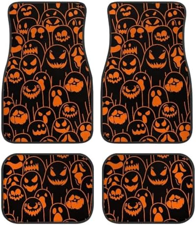 Orange Black Ghost Print Funny Halloween Car Floor Mats 4 PCS, Cute Durable Interior Accessories for Car SUV, All Weather Floor Mats with Front Rear Trunk Liners Set for Party