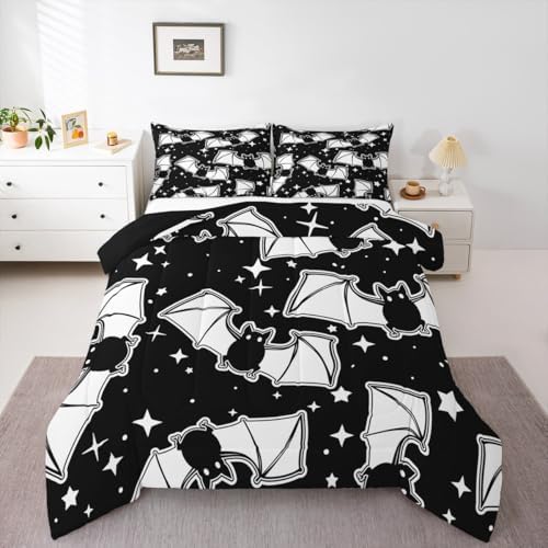 Feelyou Halloween Bedding Set for Girls Boys Kids Toddler Size Black Bats Animal Print Silhouette Comforter Cover Room Decor Happy Holiday Cute Star Print Luxury Duvet Cover Black Quilt Set - Image 4